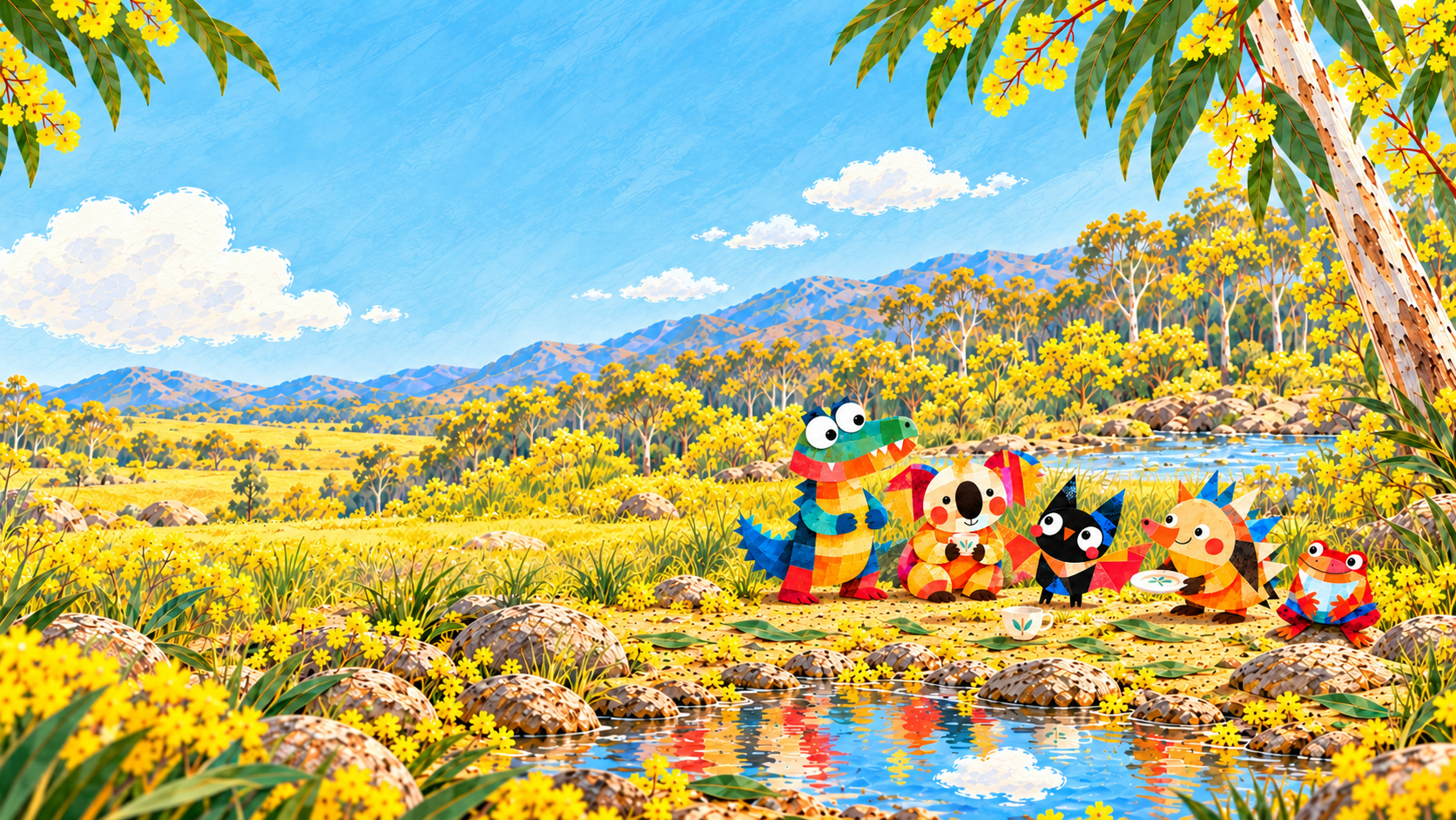 ワトルの森と小川に迎える、ベンジャミン、クリス、ココ、エディ、フランコ。Wattle Woodsの絵本の世界